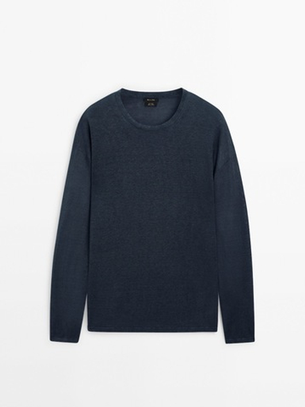 Massimo Dutti Льняной свитер с круглым вырезом, темно-синий
