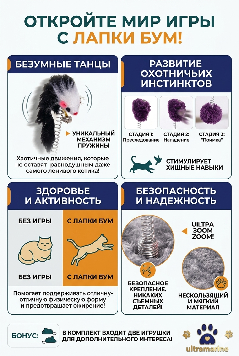 Игрушка для кошек напольная с пружинками и колокольчиком «ЛАПКИБум», цвет серый, 15*15*20см