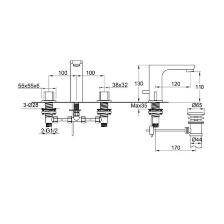 Смеситель для раковины Steinberg Серия 200 на 3 отверстия с 90° керамическими вентилями, со сливным гарнитуром 1 1/4“, хром 200 2001