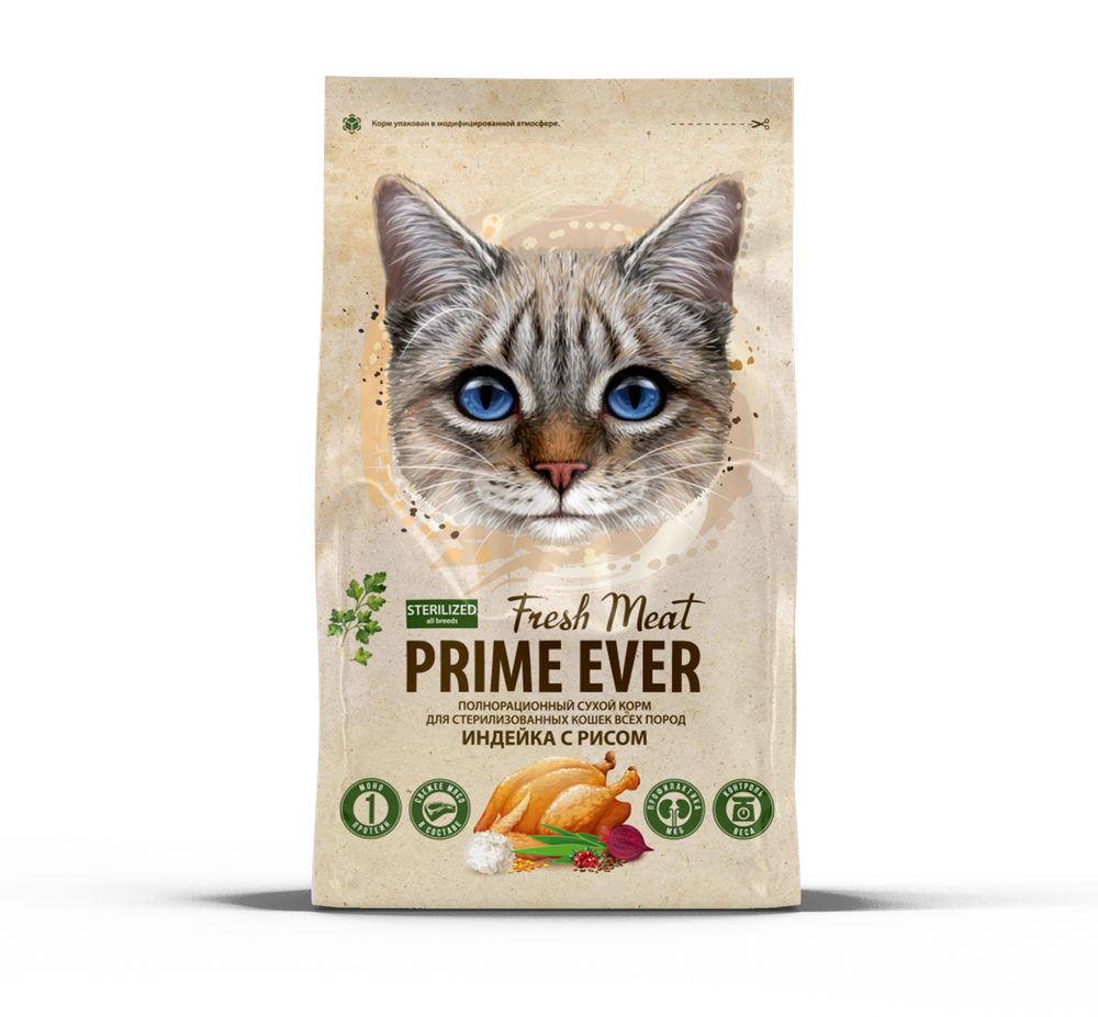 Сухой корм PRIME EVER Fresh Meat Sterilized для стерилизованных кошек, индейка с рисом, 1.5 кг