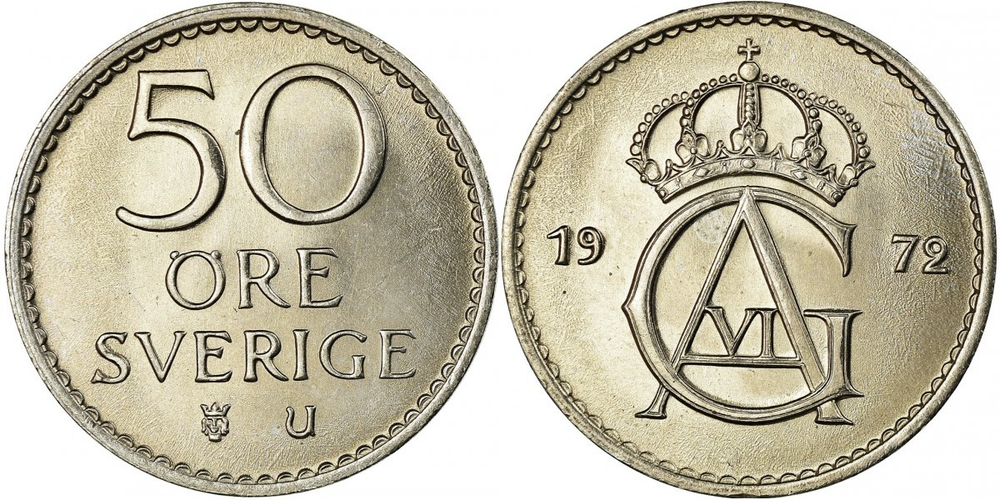 Швеция 50 эре, 1962 - 1973 Король Густав VI Адольф XF