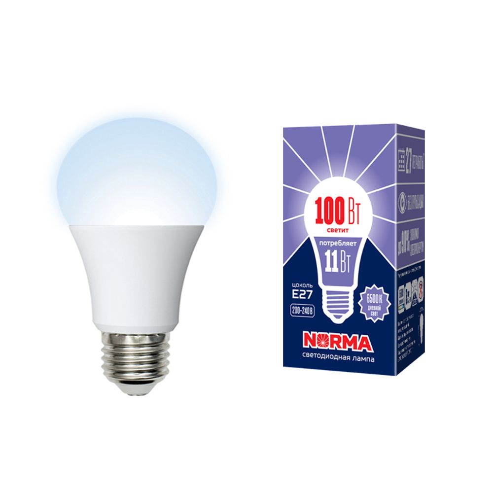 LED-A60-11W/DW/E27/FR/NR Лампа светодиодная. Форма A, матовая. Серия Norma. Дневной белый свет (6500K). Картон. ТМ Volpe