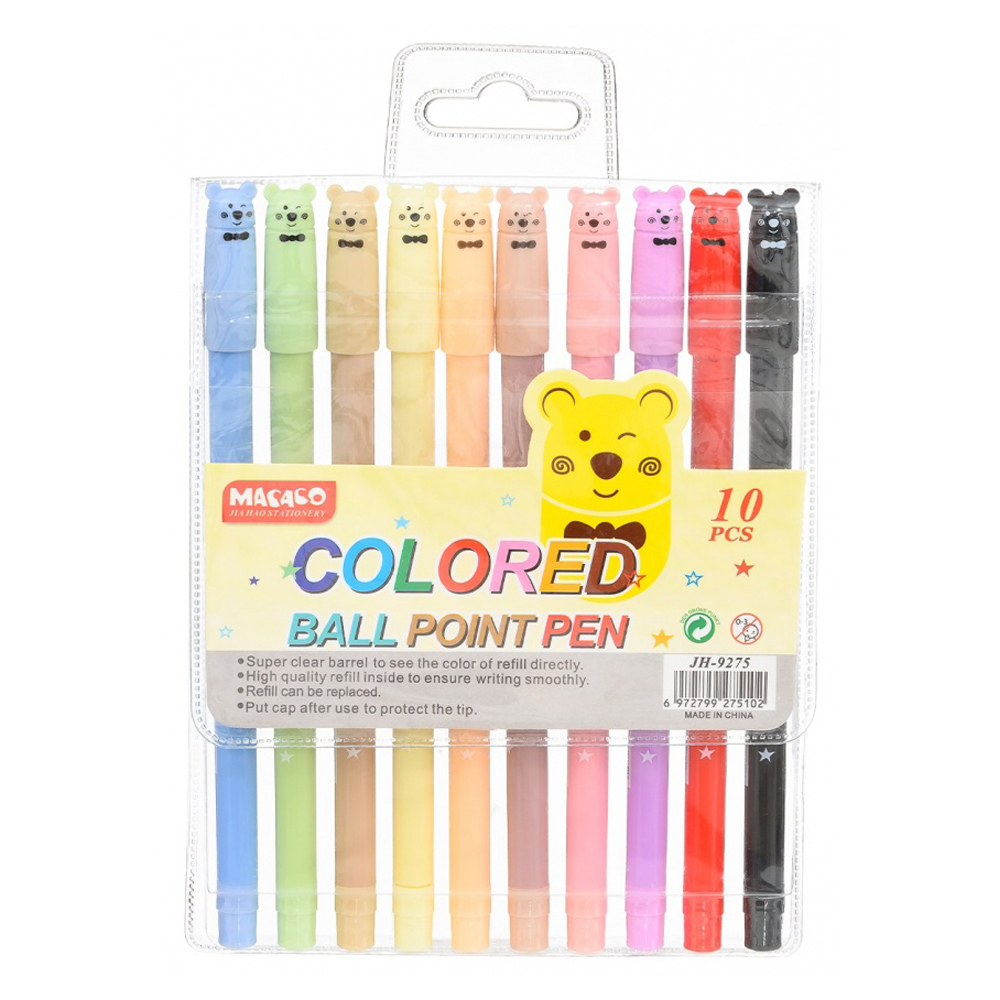 Ручка шариковая, масляная, Basir, цветные чернила, серия "Мишки", фигурный колпачок, цветной корпус в цвет чернил, 10 шт