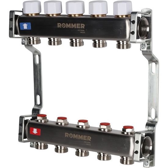 Коллектор Rommer 1"x3/4" на 5 контуров с запорными клапанами (нерж. сталь) RMS-3200-000005
