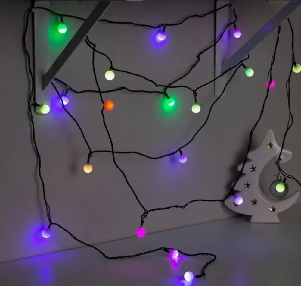 Гирлянда "Нить" 5 м с насадками "Шарики белые", IP20, тёмная нить, 20 LED, свечение RG/RB, мигание, 220 В