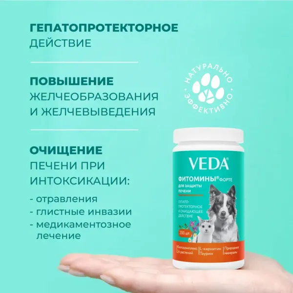Комплекс Фитомины Форте для защиты печени собакам и кошкам на основе растительных, минеральных и биоактивных веществ, 200 таблеток