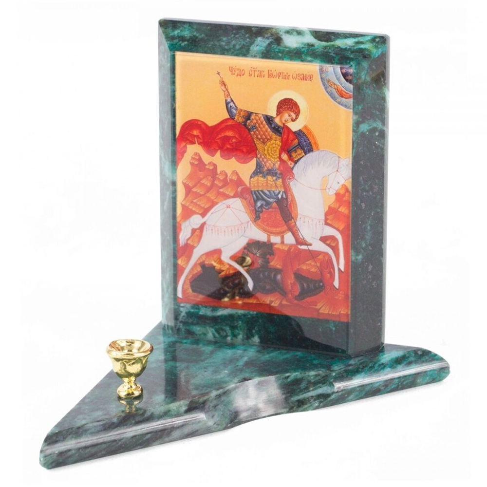 Икона с подсвечником Георгий Победоносец малая змеевик 9,5х9,5х10 см