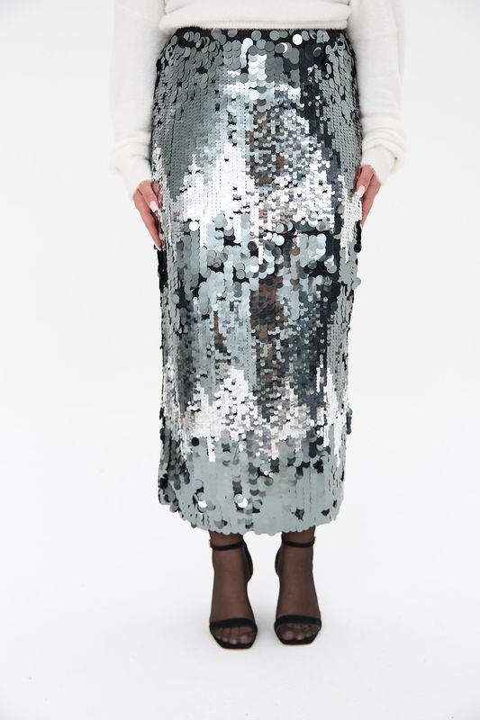 Юбка прямая с пайетками, черный с серебром