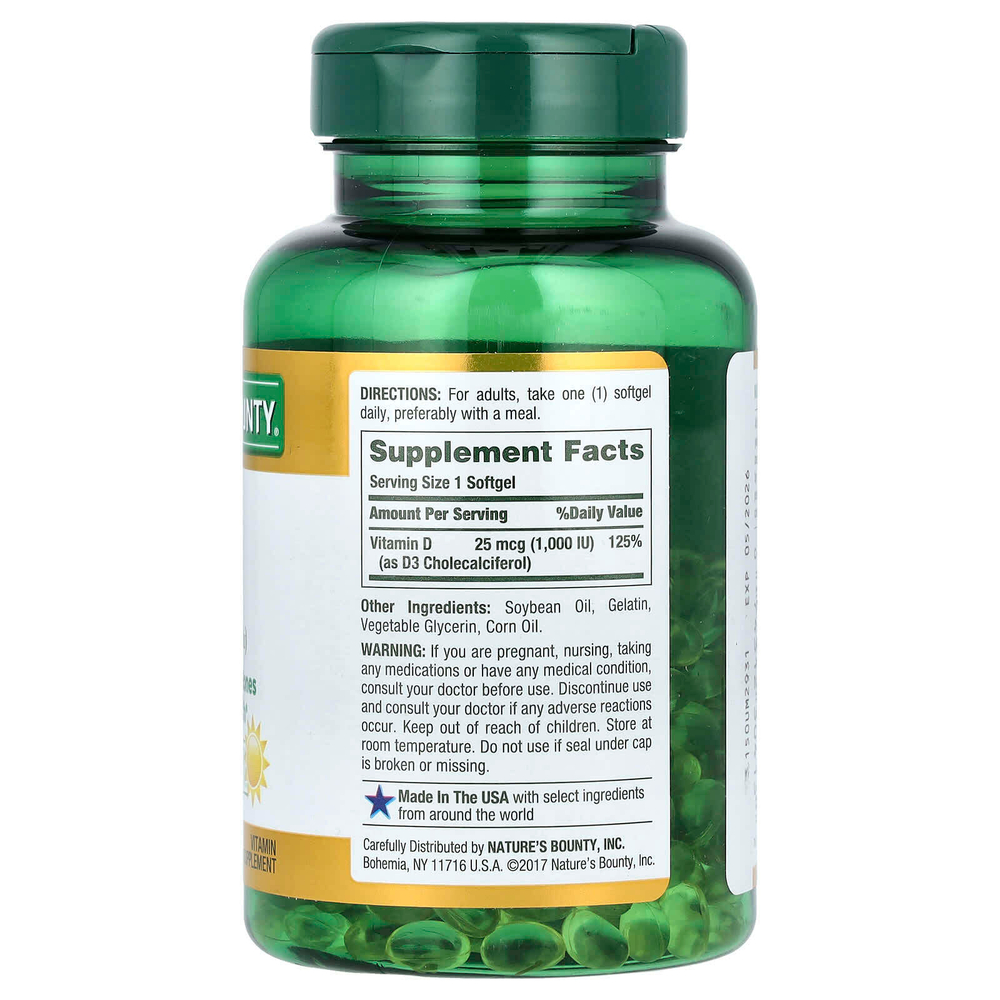 Nature's Bounty, D3, Immune Health, 25 мкг (1000 МЕ), 350 мягких таблеток с быстрым высвобождением