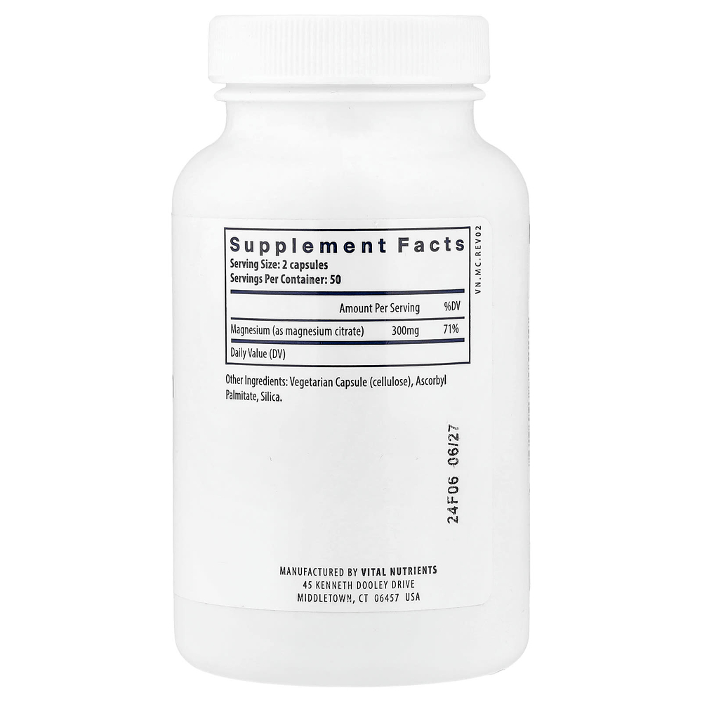 Vital Nutrients, цитрат магния, 100 веганских капсул (150 мг в 1 капсуле)