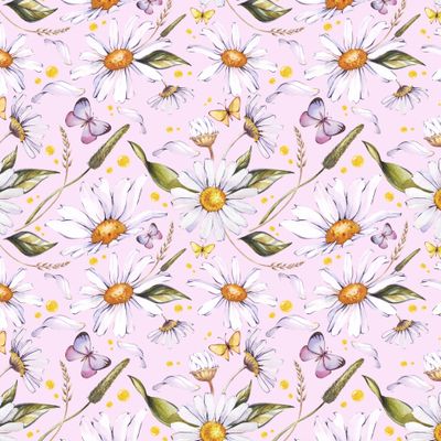 Watercolor seamless pattern of flowers and leaves of chamomile, grass, butterflies and bees on a pink background