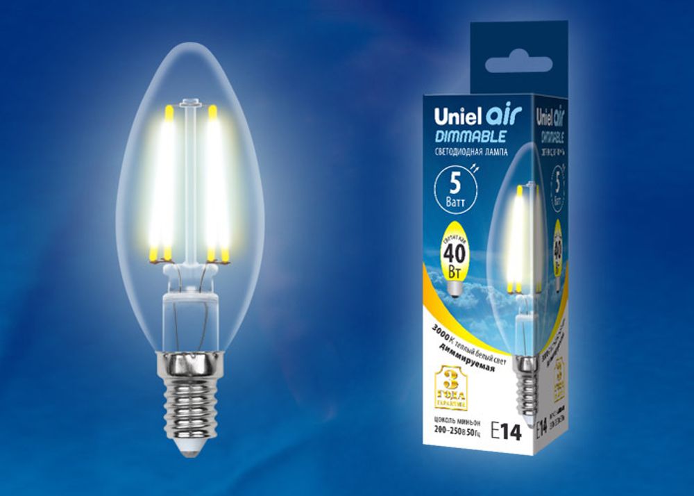 LED-C35-5W/WW/E14/CL/DIM GLA01TR Лампа светодиодная диммируемая. Форма свеча, прозрачная. Серия Air. Теплый белый свет (3000K). Картон. ТМ Uniel