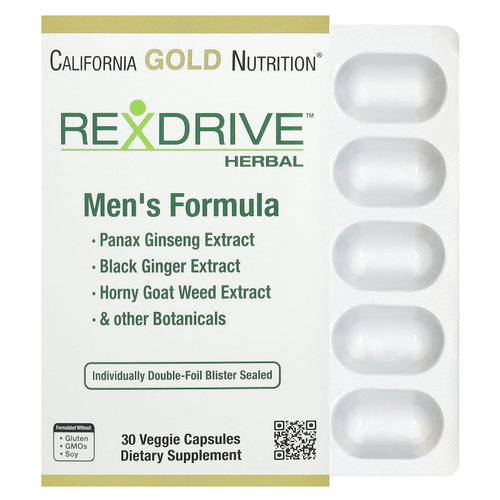 California Gold Nutrition, Rexdrive™, растительная добавка для мужчин, с экстрактами женьшеня обыкновенного, чёрного имбиря, горянки и растительными смесями, 30 растительных капсул