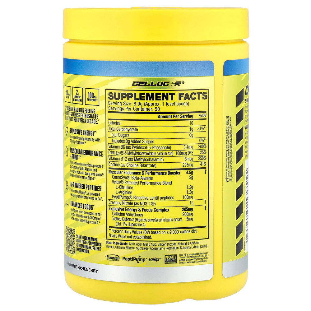 C4 / Cellucor, C4 Original, предтренировочный комплекс, со вкусом голубой малины, 445 г (15,7 унции)