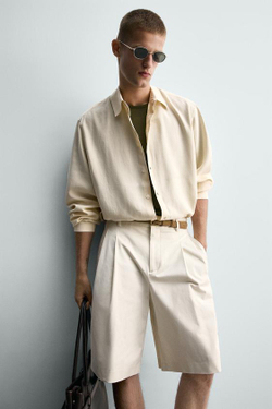 ZARA ШОРТЫ WIDE FIT С ЗАЩИПАМИ, ЖЕЛТОВАТО-БЕЛЫЙ