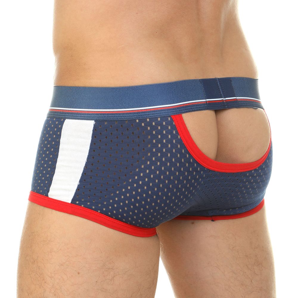 Трусы мужские хипсы сетчатые темно-синие с вырезом сзади ADDICTED