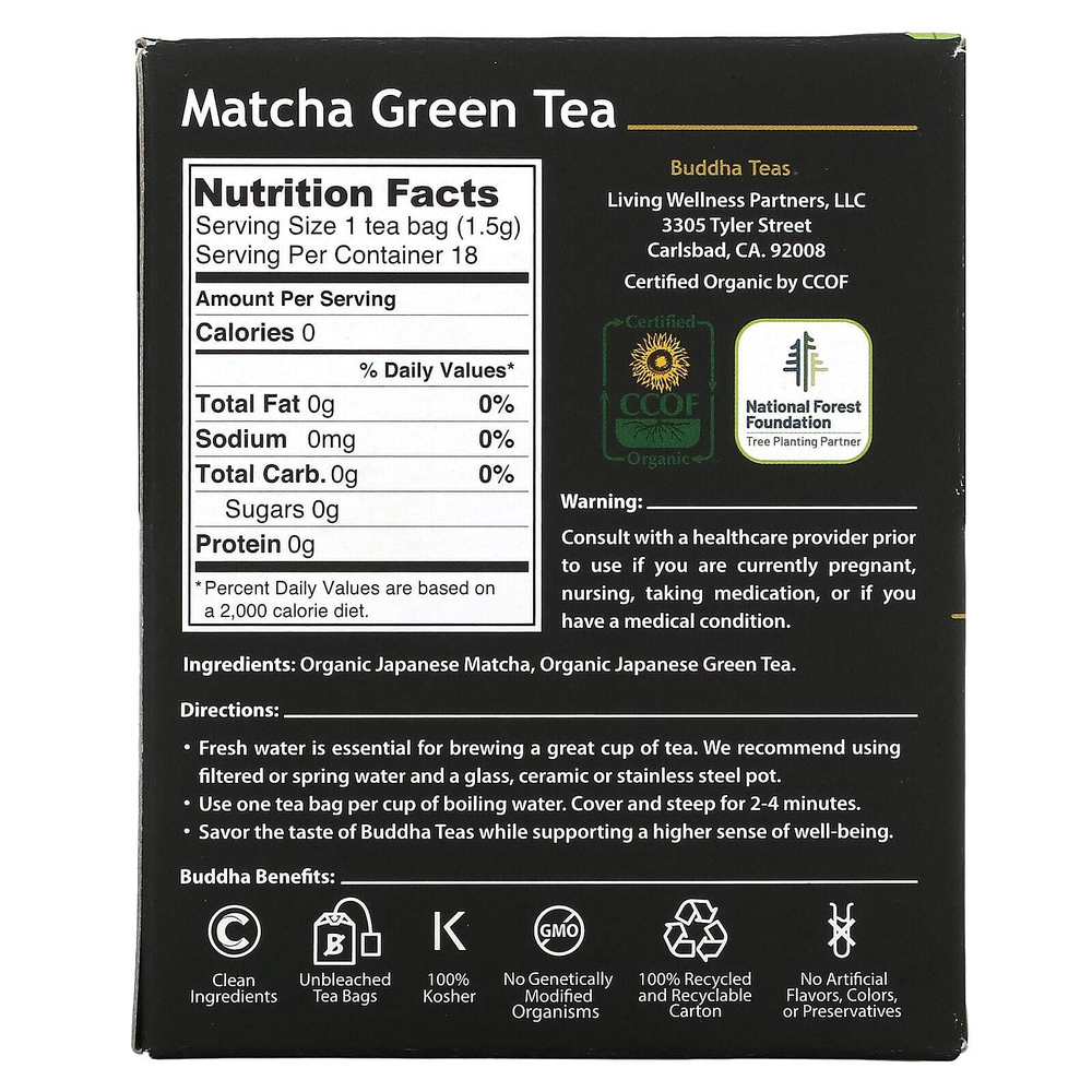 Buddha Teas, Organic Tea, зеленый матча, 18 чайных пакетиков, 27 г (0,96 унции)
