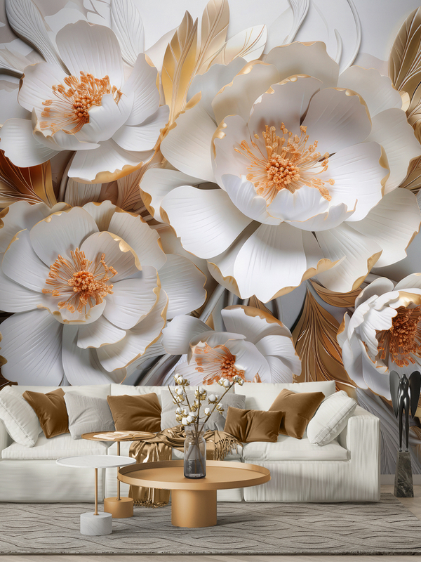 3D Объемные фотообои цветы и золотые листья