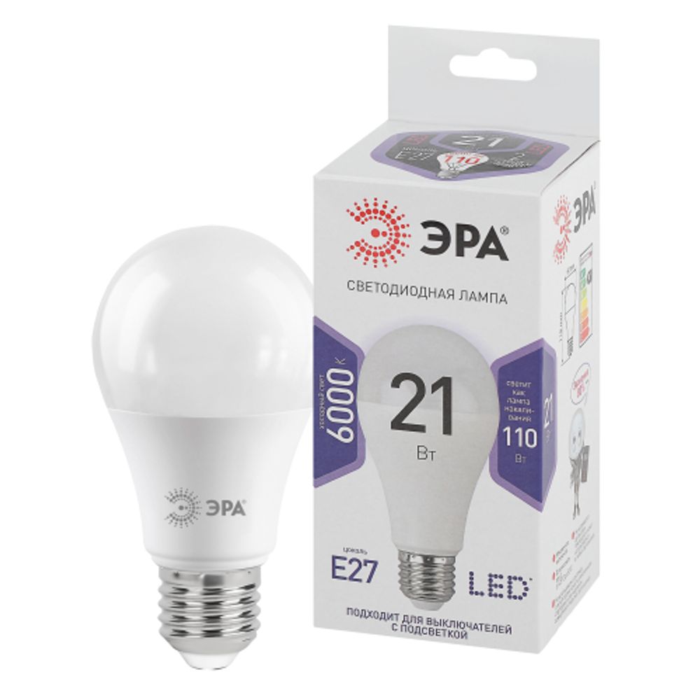Лампа светодиодная ЭРА STD LED A65-21W-860-E27 21Вт груша холодный дневной свет Е27 | Лампы cветодиодные Груша (A)