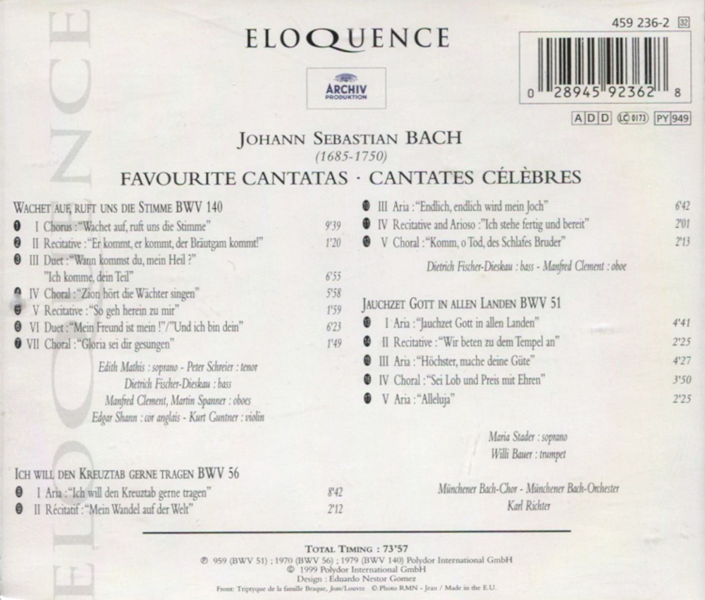 Munchener Bach-Orchester, Munchener Bach-Chor, Karl Richter / Johann Sebastian Bach: Favourite Cantatas BWV 140, 56 & 51 (CD)