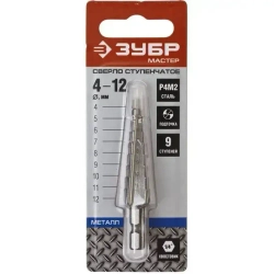 Ступенчатое сверло по металлу ЗУБР сталь P4M2, 4-12 мм, 9 ступеней 29665-4-12-9