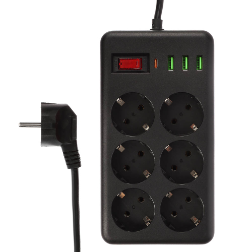 Удлинитель, сетевой фильтр 6 гнезд 3м BY Black, 3*USB, 1*type-C,выкл., 2500Вт,чёрный