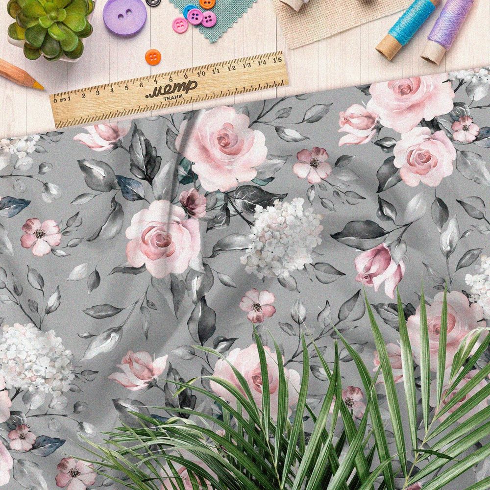 Ткань дюспо бело-розовые цветы на сером