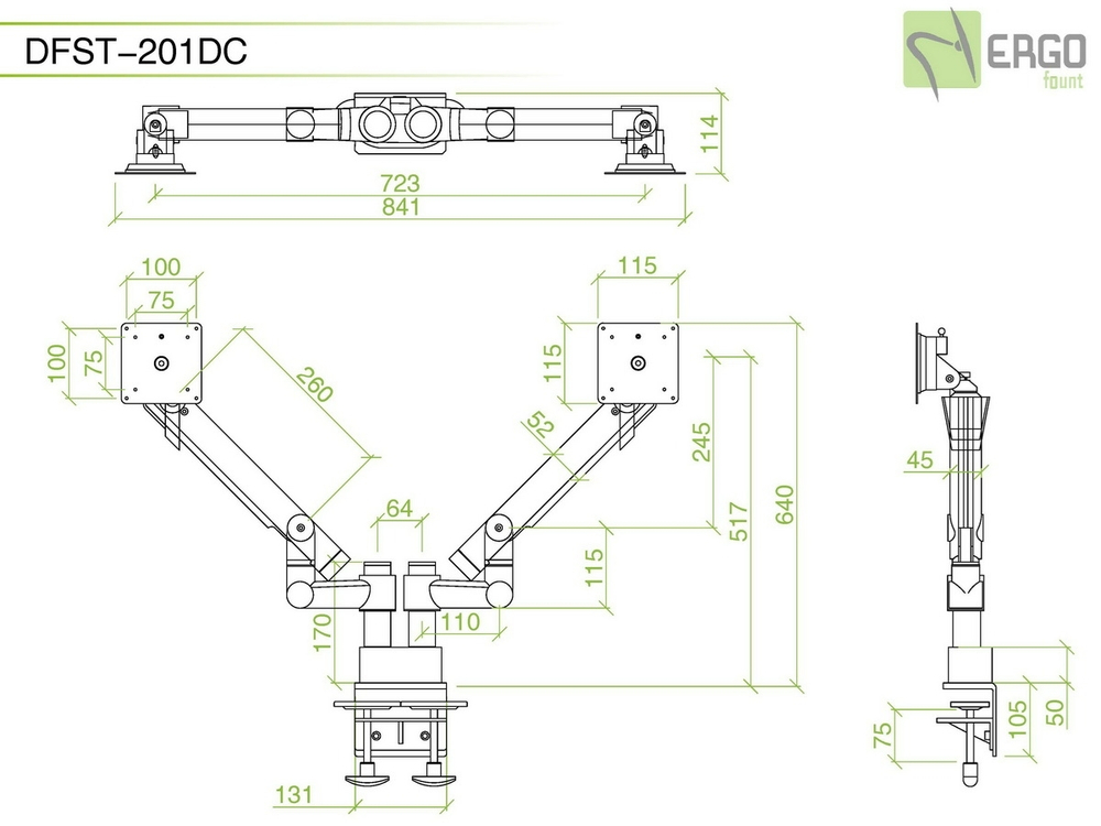ErgoFount DFST-201DC Шарнирное настольное крепление для 2 мониторов диагональю до 27'' с двухколенными вылетами, газово-пружинными амортизаторами и зажимом к столу типа "С". Цвет - серебристый