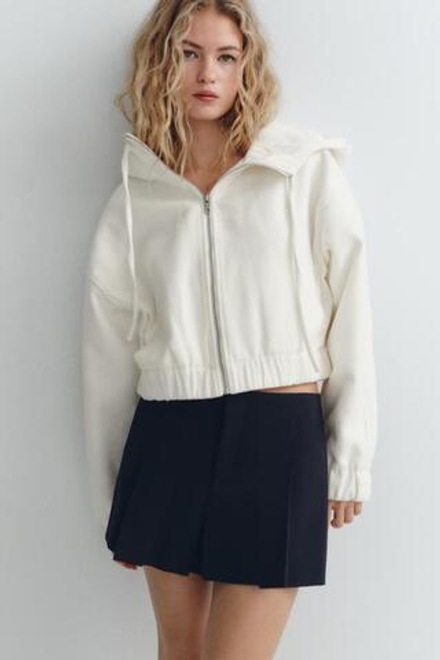 ZARA ФЕТРОВАЯ КУРТКА С КАПЮШОНОМ, ЖЕЛТОВАТО-БЕЛЫЙ