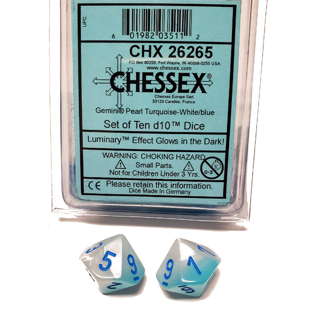 Chessex 10-D10 set Gemini Luminary Pearl Turquoise White / Blue