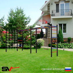 Уличная шведская стенка Sv Sport рукоход х 2 с комплектом турник прямой У50355К (Деревянные/Щит баскет/Кронш бокс/Сетка)