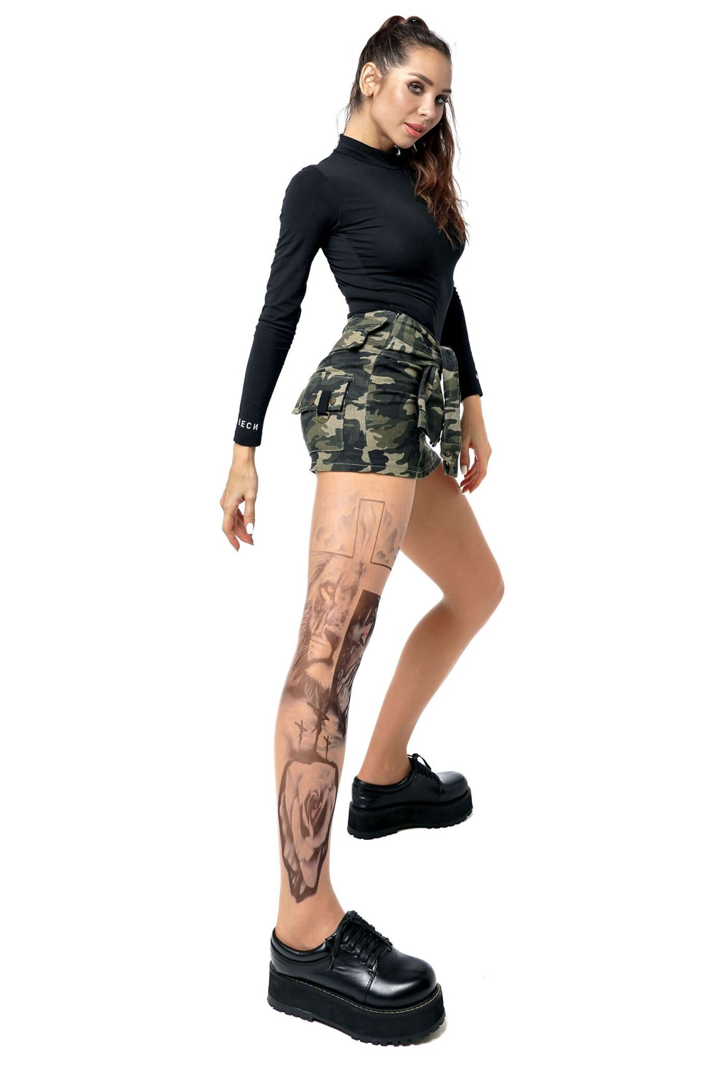 Колготки +size с принтом по религиозным мотивам на правой ножке (Размер: XL-XXL) (Цвет: бежевый)