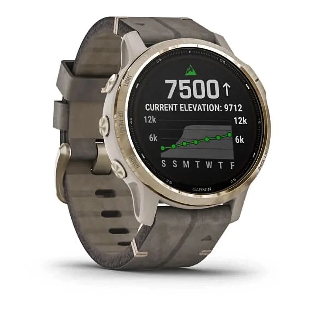 Спортивные наручные часы Garmin Fenix 6s Pro Solar золотистый с серым замшевым ремешком 010-02409-26