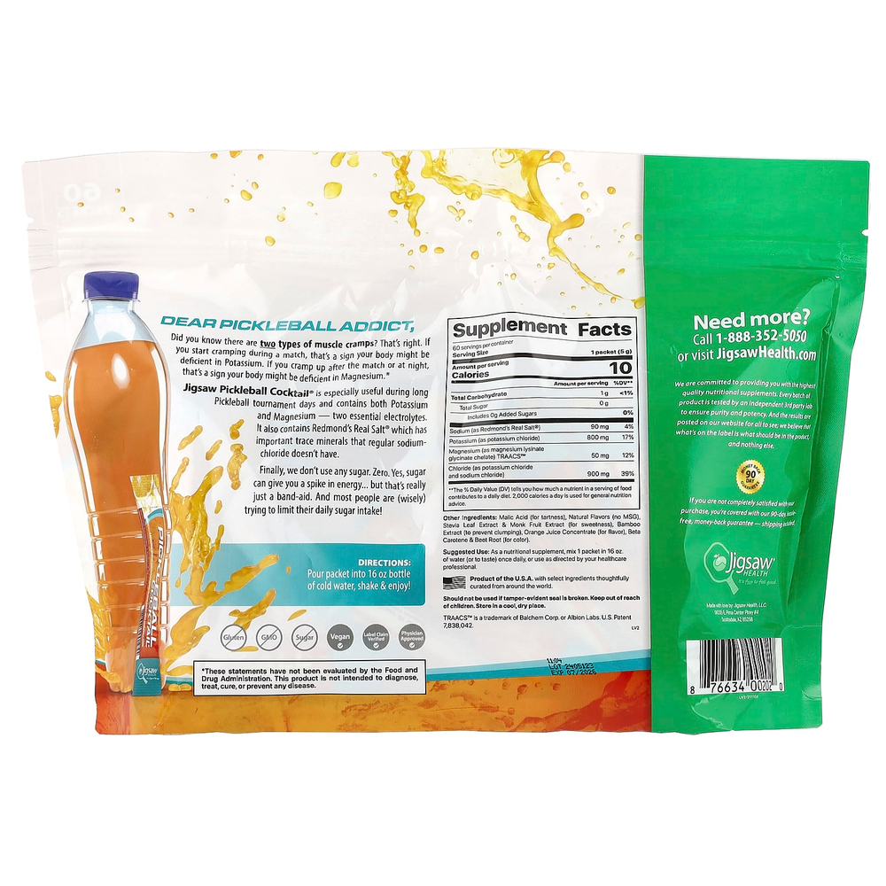 Jigsaw Health, Pickleball Cocktail®, смесь для приготовления напитков с электролитами без сахара, апельсин, 60 пакетиков по 5 г