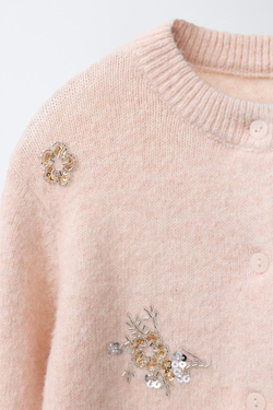 ZARA КАРДИГАН С ЦВЕТОЧНЫМИ БУСИНАМИ, ЦВЕТ РОЗОВОГО ДЕРЕВА