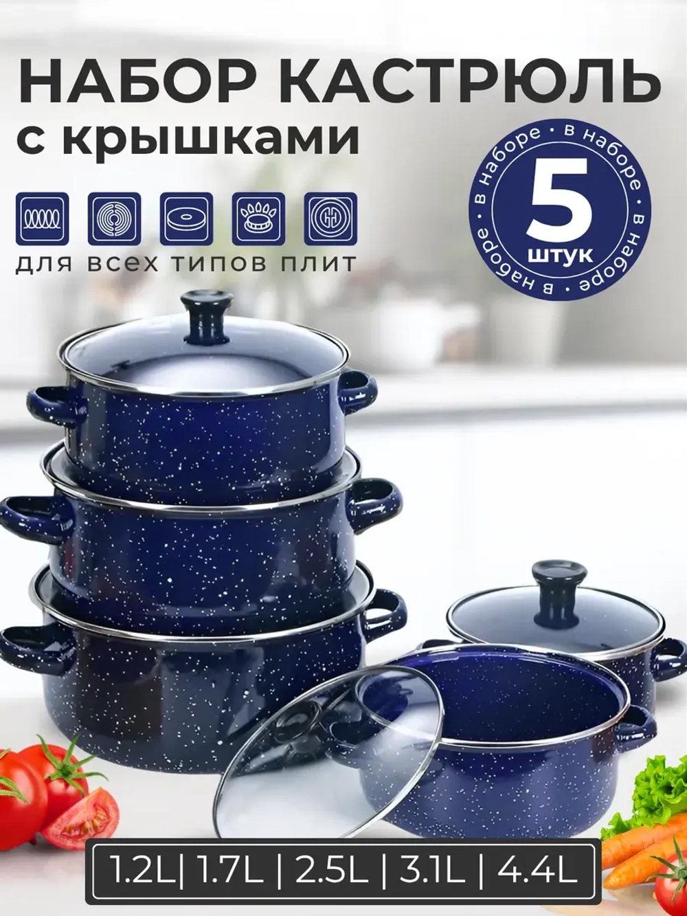Утяжелённый набор синих эмалированных кастрюль с крышками