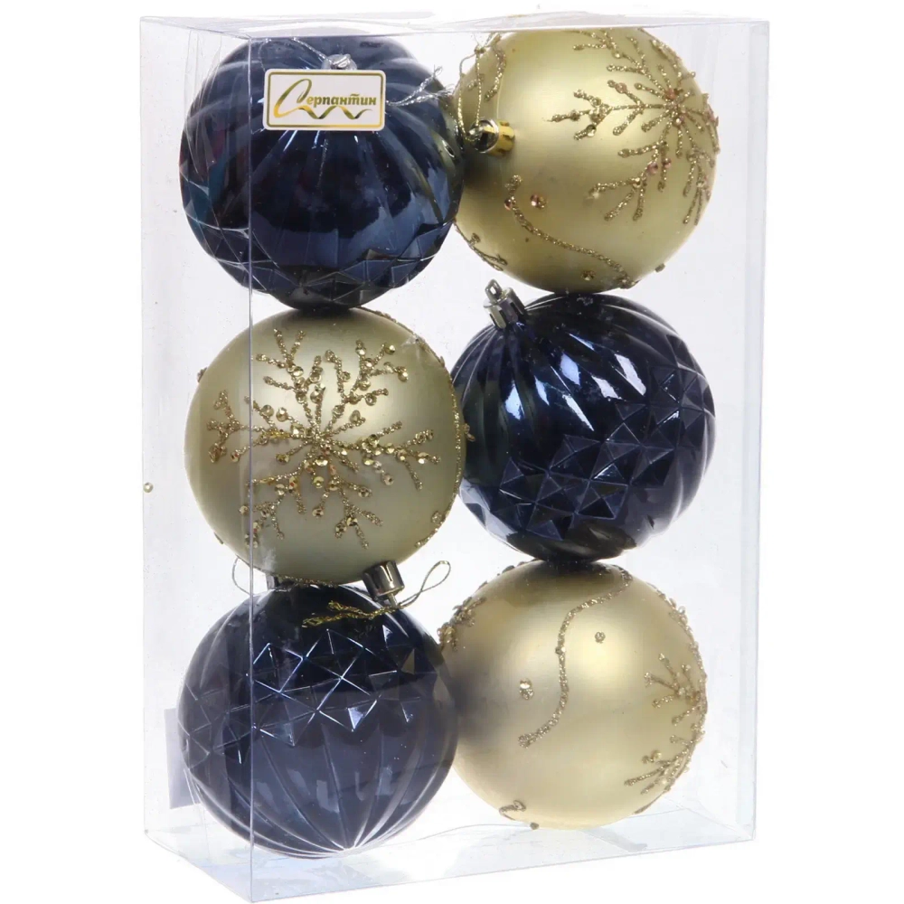 Новогодние шары «Волшебный бал» 8 см (набор 6 шт), Сапфир/Золото