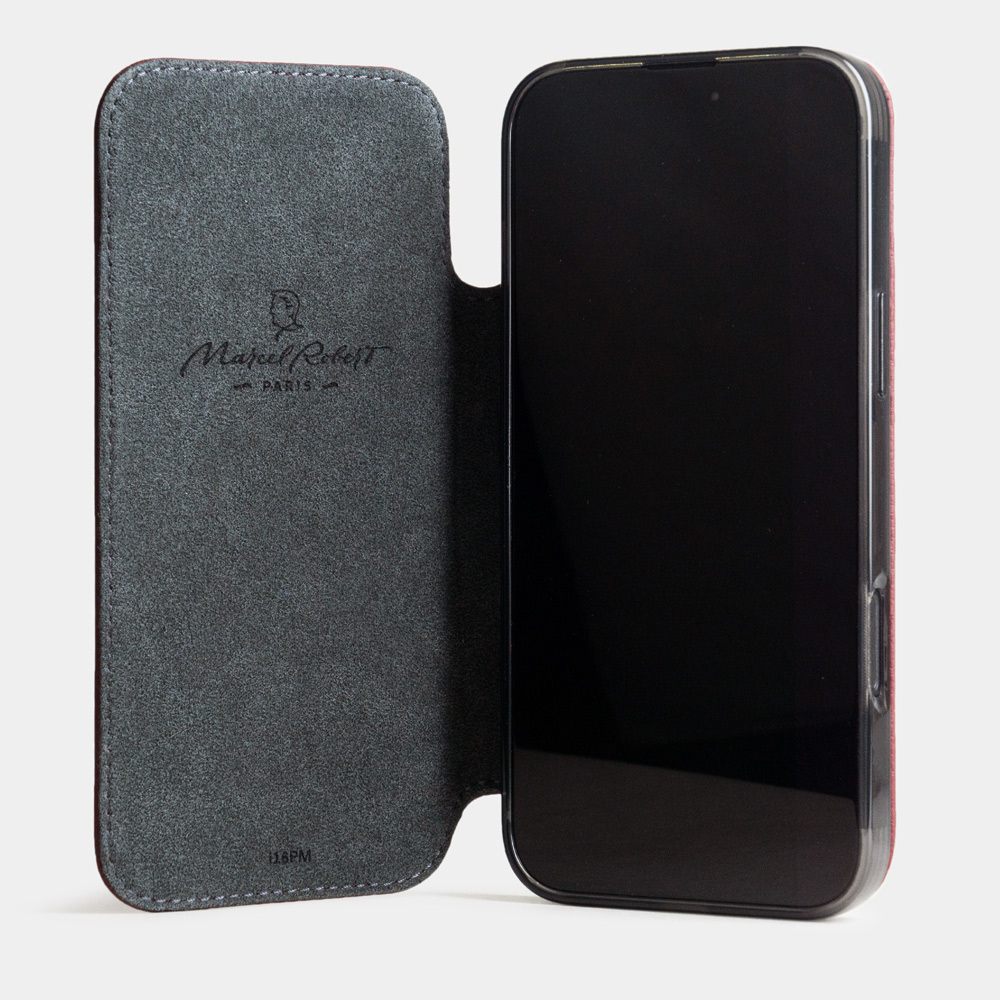 Чехол-книжка кожаная для iPhone 16 Pro Max, теленок бордового цвета