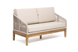 "Канны" диван 2-местный плетеный из роупа, основание дуб, роуп бежевый круглый, ткань бежевая 15052