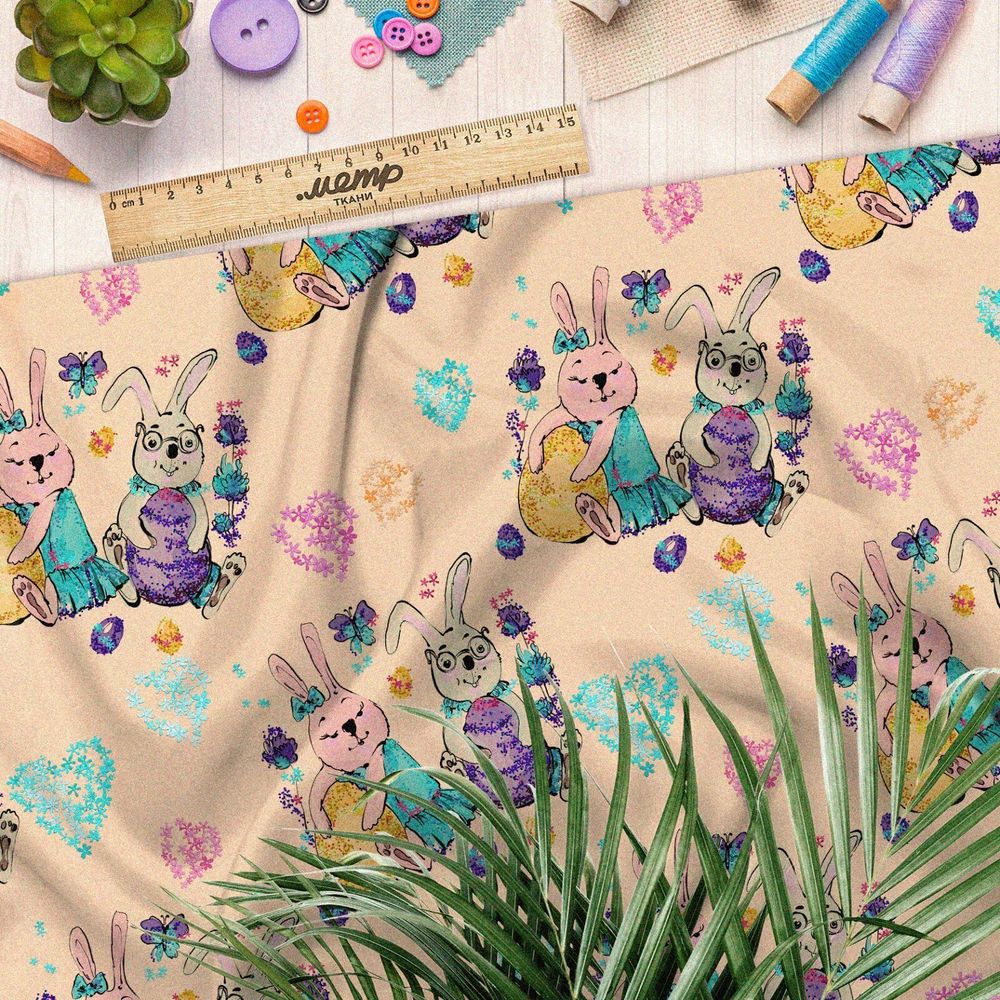 Ткань блэкаут пасхальные кролики с сердечками