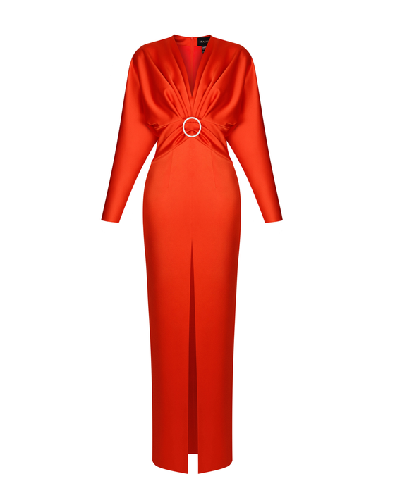 Платье макси из сатина драпированное с пряжкой