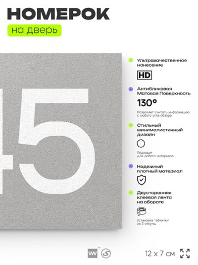 Номер на дверь 445, табличка на дверь для офиса, квартиры, кабинета, аудитории, склада, серая 120х70 мм, Айдентика Технолоджи