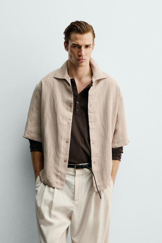 ZARA ЖАККАРДОВАЯ РУБАШКА BOXY FIT В ПОЛОСКУ, ЭКРЮ