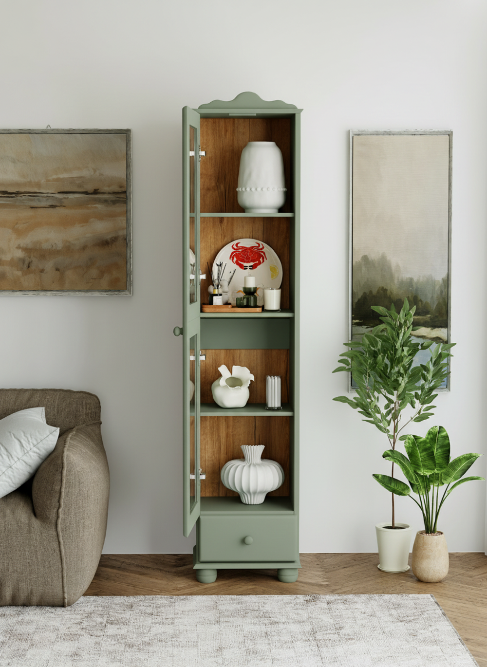 Шкаф-витрина Бритта из сосны, однодверная, 182х40х32 см, эвкалипт