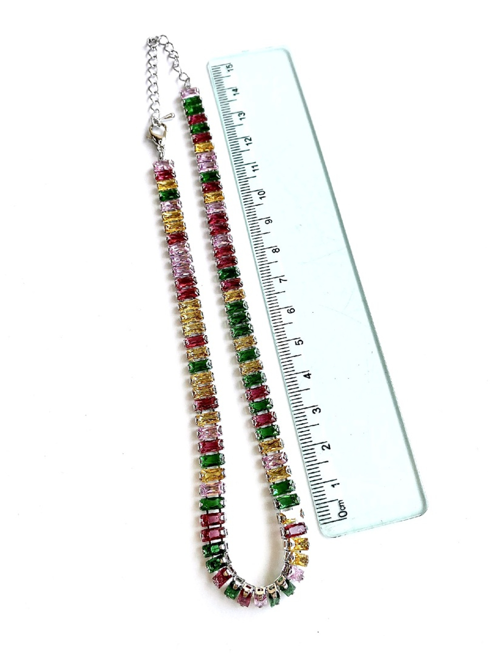 20082-р Колье-чокер с разноцветными стразами, 38см, родий