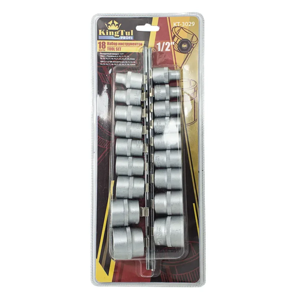 Набор головок 18пр. 1/2''6-гр. (8-19,21,22,24,27,30,32мм),на металлической планке KINGTUL profi KT-3029