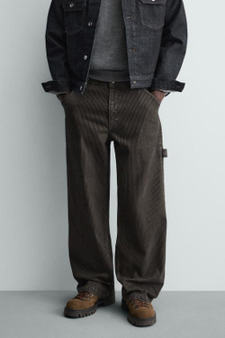 ZARA БРЮКИ RELAXED FIT С ФЛОКИРОВАННЫМИ ПОЛОСКАМИ, ЗЕЛЕНЫЙ