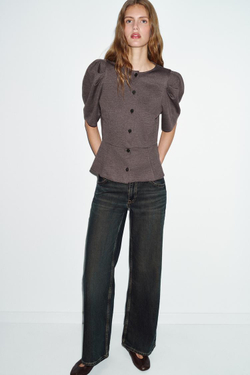 ZARA ТОП С ОБЪЕМНЫМИ РУКАВАМИ, КОРИЧНЕВЫЙ МЕЛАНЖ