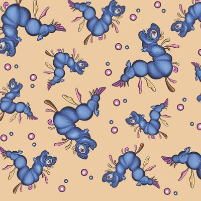 Smiling caterpillar runs to a cup of coffee