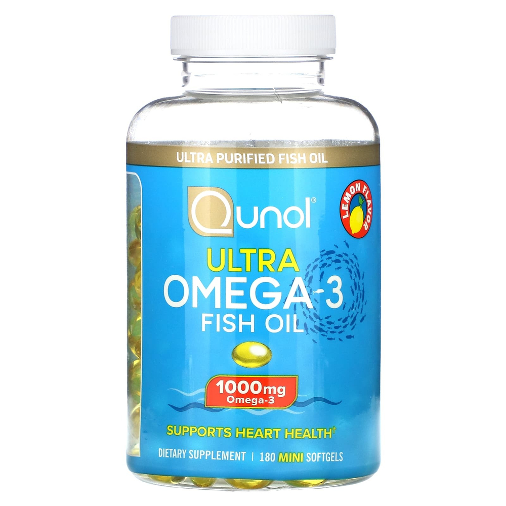 Qunol, ультраомега-3, рыбий жир, со вкусом лимона, 180 мини-капсул (500 мг в капсуле)